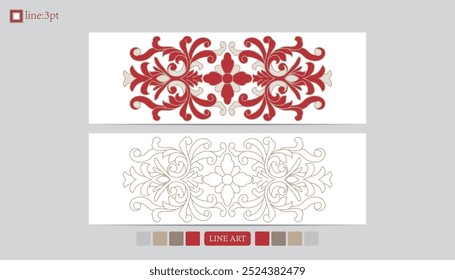 Luxury festival card decorative art design vector. Pattern, phoenix, continuous, vine phoenix line art on red background. Design illustration of cover, greeting card, print, background