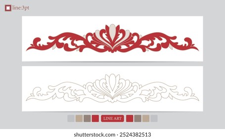 Luxury festival card decorative art design vector. Pattern, phoenix, continuous, vine phoenix line art on red background. Design illustration of cover, greeting card, print, background