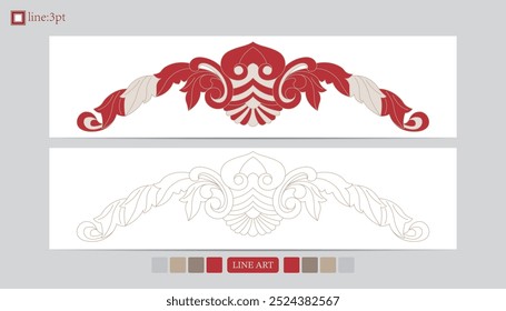 Luxury festival card decorative art design vector. Pattern, phoenix, continuous, vine phoenix line art on red background. Design illustration of cover, greeting card, print, background