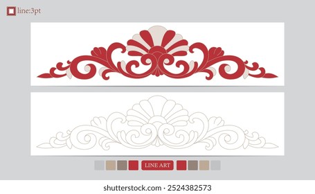 Luxury festival card decorative art design vector. Pattern, phoenix, continuous, vine phoenix line art on red background. Design illustration of cover, greeting card, print, background