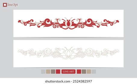 Vetor de design de arte decorativa de cartão de festival de luxo. Padrão, fênix, contínuo, vine phoenix line art em fundo vermelho. Ilustração de design de capa, cartão de saudação, impressão, fundo