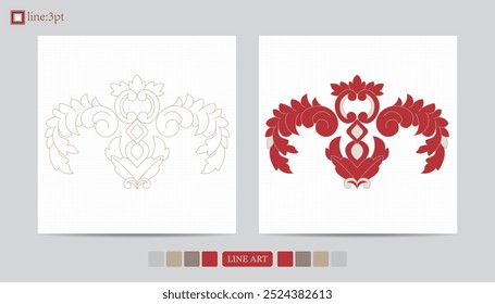 Luxury festival card decorative art design vector. Pattern, phoenix, continuous, vine phoenix line art on red background. Design illustration of cover, greeting card, print, background