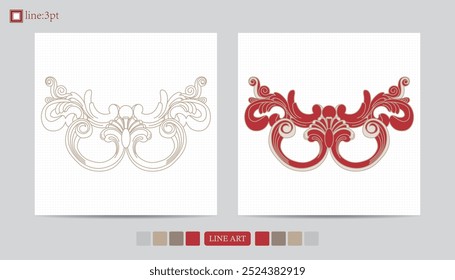 Luxury festival card decorative art design vector. Pattern, phoenix, continuous, vine phoenix line art on red background. Design illustration of cover, greeting card, print, background