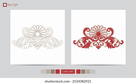 Luxury festival card decorative art design vector. Pattern, phoenix, continuous, vine phoenix line art on red background. Design illustration of cover, greeting card, print, background