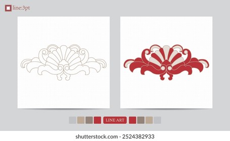 Vetor de design de arte decorativa de cartão de festival de luxo. Padrão, fênix, contínuo, vine phoenix line art em fundo vermelho. Ilustração de design de capa, cartão de saudação, impressão, fundo