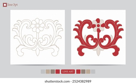 Luxury festival card decorative art design vector. Pattern, phoenix, continuous, vine phoenix line art on red background. Design illustration of cover, greeting card, print, background