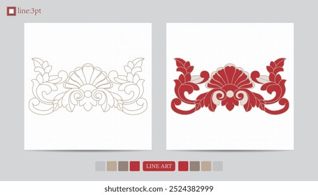Luxury festival card decorative art design vector. Pattern, phoenix, continuous, vine phoenix line art on red background. Design illustration of cover, greeting card, print, background