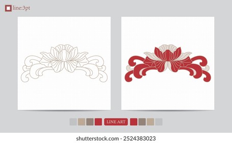 Luxury festival card decorative art design vector. Pattern, phoenix, continuous, vine phoenix line art on red background. Design illustration of cover, greeting card, print, background