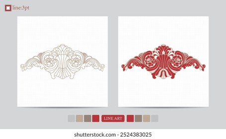 Luxury festival card decorative art design vector. Pattern, phoenix, continuous, vine phoenix line art on red background. Design illustration of cover, greeting card, print, background