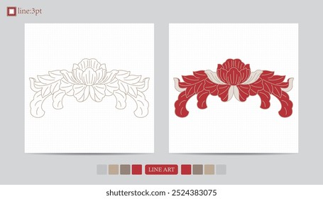 Luxury festival card decorative art design vector. Pattern, phoenix, continuous, vine phoenix line art on red background. Design illustration of cover, greeting card, print, background