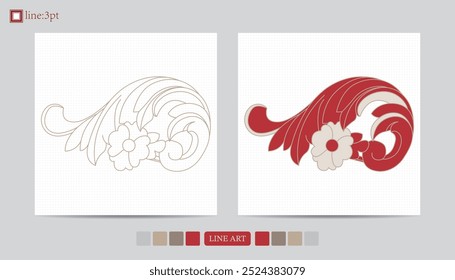 Luxury festival card decorative art design vector. Pattern, phoenix, continuous, vine phoenix line art on red background. Design illustration of cover, greeting card, print, background
