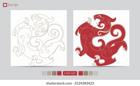 Luxury festival card decorative art design vector. Pattern, phoenix, continuous, vine phoenix line art on red background. Design illustration of cover, greeting card, print, background