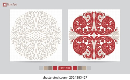 Luxury festival card decorative art design vector. Pattern, phoenix, continuous, vine phoenix line art on red background. Design illustration of cover, greeting card, print, background