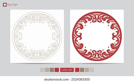 Luxury festival card decorative art design vector. Pattern, phoenix, continuous, vine phoenix line art on red background. Design illustration of cover, greeting card, print, background
