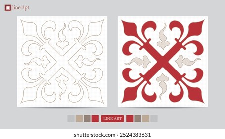 Luxury festival card decorative art design vector. Pattern, phoenix, continuous, vine phoenix line art on red background. Design illustration of cover, greeting card, print, background