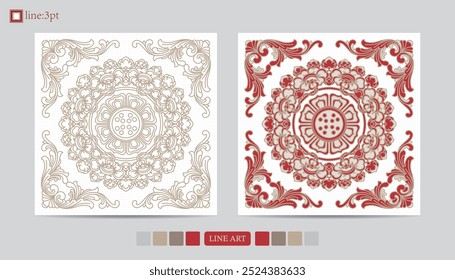 Luxury festival card decorative art design vector. Pattern, phoenix, continuous, vine phoenix line art on red background. Design illustration of cover, greeting card, print, background