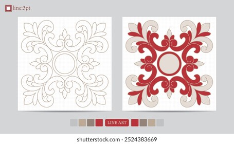 Luxury festival card decorative art design vector. Pattern, phoenix, continuous, vine phoenix line art on red background. Design illustration of cover, greeting card, print, background