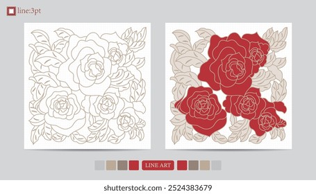 Luxury festival card decorative art design vector. Pattern, phoenix, continuous, vine phoenix line art on red background. Design illustration of cover, greeting card, print, background