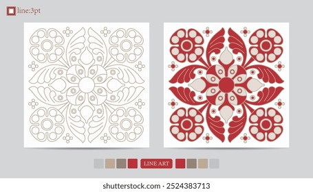 Luxury festival card decorative art design vector. Pattern, phoenix, continuous, vine phoenix line art on red background. Design illustration of cover, greeting card, print, background