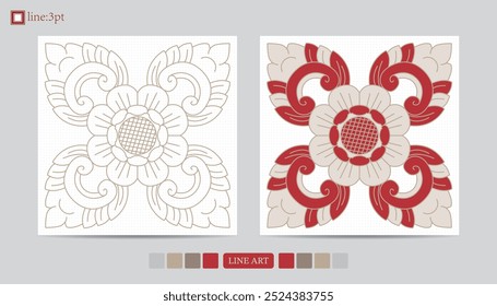 Luxury festival card decorative art design vector. Pattern, phoenix, continuous, vine phoenix line art on red background. Design illustration of cover, greeting card, print, background