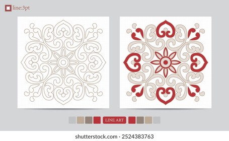 Luxury festival card decorative art design vector. Pattern, phoenix, continuous, vine phoenix line art on red background. Design illustration of cover, greeting card, print, background