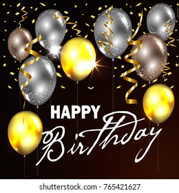 Luxury Festive Background with Realistic Shiny Balloons & Confetti & Happy Birthday Lettering. Vector Illustration