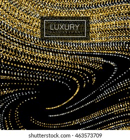 Luxury festive background with shiny golden and silver glitters. Vector illustration of glittering swirled stripes texture