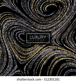 Luxury festive background with shiny golden and silver glitters. Vector illustration of glittering curled lines texture