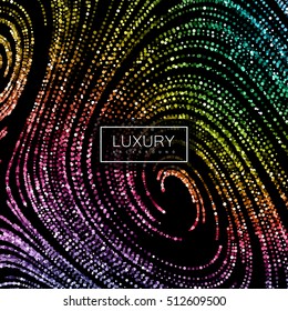 Luxury festive background with shiny iridescent glitters. Vector holiday illustration of glittering curled lines texture