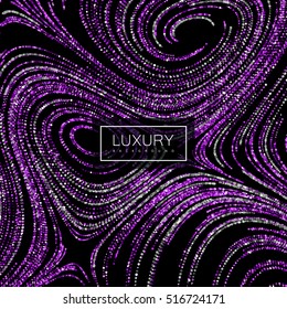 Luxury festive background with shiny purple and silver glitters. Vector illustration of purple glittering swirled stripes texture