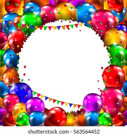 Luxury Festive Banner with Glance Balloons and Multicolored Flags and Text Space. 3D Vector Illustration