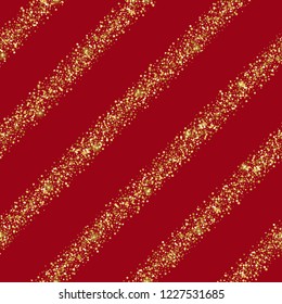 Luxury festive golden diagonal seamless pattern on red background. Gold glitter repeat stripes with star, round and diamond particles. Wallpaper for greetind card, textile print, wrapping and cover.