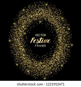 Luxury festive golden oval frame on black background. Gold glitter from star, round and diamond particles. Template with glitter for logo, greetind card, certificate, gift voucher and covers.