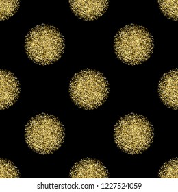 Luxury festive golden seamless pattern on black background. Gold glitter polka dot with star, round and diamond particles. Repeat wallpaper for greetind card, textile print, wrapping and covers.