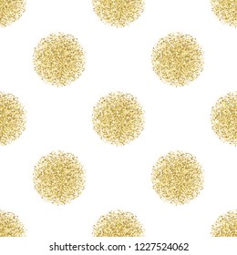 Luxury festive golden seamless pattern on white background. Gold glitter polka dot with star, round and diamond particles. Repeat wallpaper for greetind card, textile print, wrapping and covers.