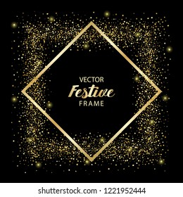 Luxury festive golden square frame on black background. Gold glitter from star, round and diamond particles. Template with glitter for logo, greetind card, certificate, gift voucher and covers.