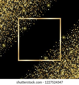 Luxury festive golden square frame on black background. Gold glitter from star, round and diamond particles. Template with glitter for logo, greetind card, certificate, gift voucher and covers.