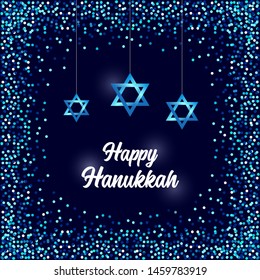 Luxury Festive Happy Hanukkah background with sparkles and glittering effect and lettering, can be used as greeting card, banner, poster or flyer design for your decoration