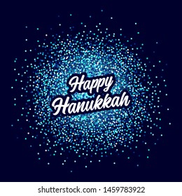 Luxury Festive Happy Hanukkah background with sparkles and glittering effect and lettering, can be used as greeting card, banner, poster or flyer design for your decoration