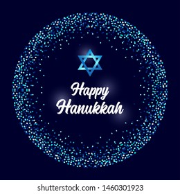 Luxury Festive Happy Hanukkah background with sparkles and glittering effect and lettering, can be used as greeting card, banner, poster or flyer design for your decoration