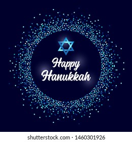 Luxury Festive Happy Hanukkah background with sparkles and glittering effect and lettering, can be used as greeting card, banner, poster or flyer design for your decoration