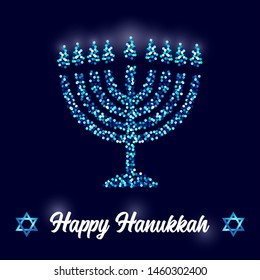 Luxury Festive Happy Hanukkah background with sparkles and glittering effect and lettering, can be used as greeting card, banner, poster or flyer design for your decoration