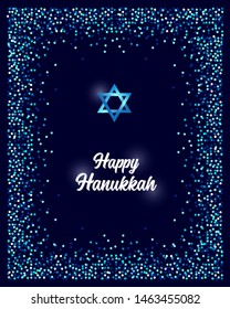 Luxury Festive Happy Hanukkah background with sparkles and glittering effect and lettering, can be used as greeting card, banner, poster or flyer design for your decoration