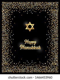 Luxury Festive Happy Hanukkah background with golden sparkles and glittering effect and lettering, can be used as greeting card, banner, poster or flyer design for your decoration