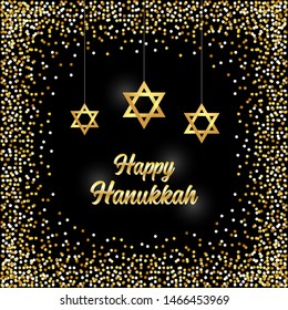 Luxury Festive Happy Hanukkah background with golden sparkles and glittering effect and lettering, can be used as greeting card, banner, poster or flyer design for your decoration
