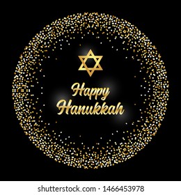 Luxury Festive Happy Hanukkah background with golden sparkles and glittering effect and lettering, can be used as greeting card, banner, poster or flyer design for your decoration