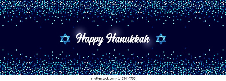 Luxury Festive Happy Hanukkah horizontal background with sparkles and glittering effect and lettering, can be used as banner, poster or flyer design for your decoration