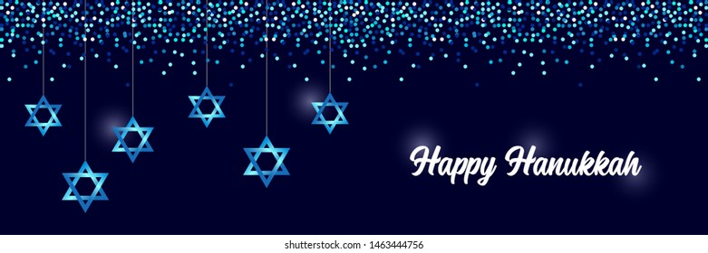 Luxury Festive Happy Hanukkah horizontal background with sparkles and glittering effect and lettering, can be used as banner, poster or flyer design for your decoration