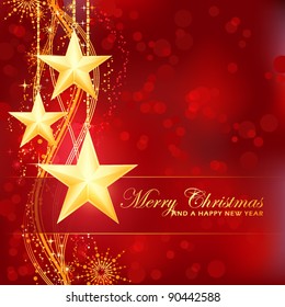 Luxury and festive red golden Merry Christmas and a happy New Year background with stars, snow flakes,  wavy pattern and out of focus light dots for your festive occasions. EPS10