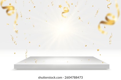 Luxury festive scene with confetti and ribbons, celebration background with bright light, elegant winner podium, award ceremony template, golden sparkles and party decoration.